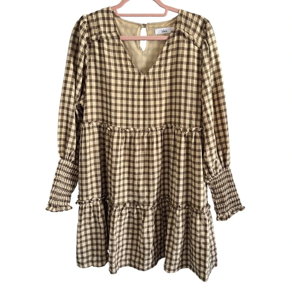 Talulah Brown Gingham‎ Tiered Mini Dress Smocked Sleeve Womens S